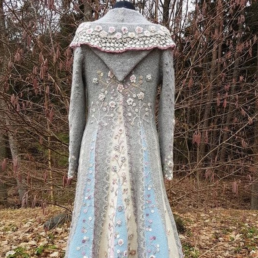 Gray and Blue Cotton and Polyester long Coat